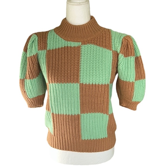 NWT English Factory Mint Green Tan Check Plaid Puff Sleeve Crop Sweater - XS - Picture 7 of 16